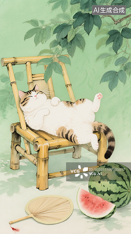 【AI数字艺术】猫躺在竹椅上夏天插画图片素材