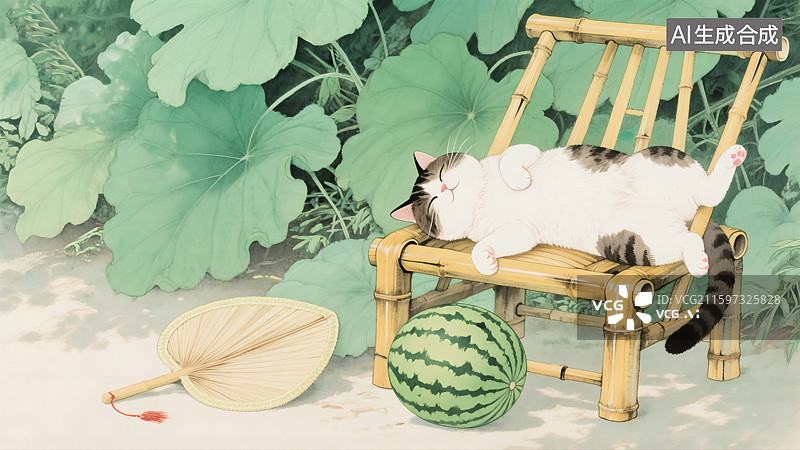 【AI数字艺术】猫躺在竹椅上夏天插画图片素材