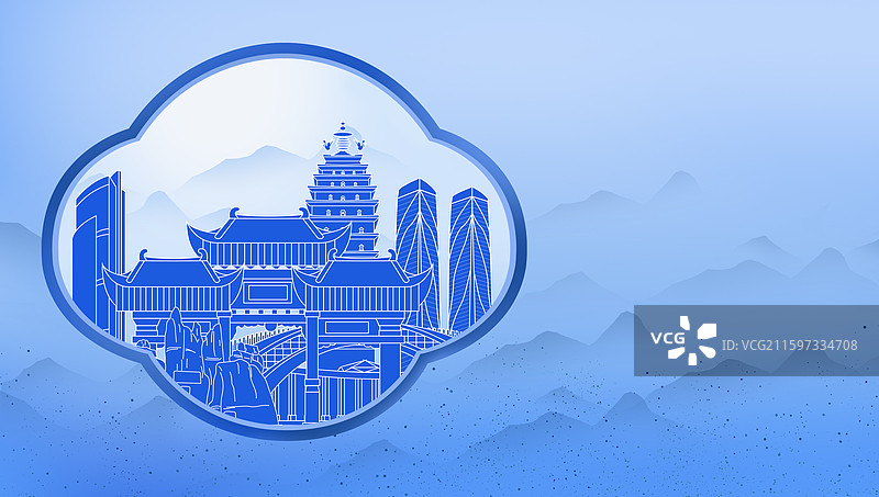 昆明蓝色青花瓷古典山水画淡雅山峰窗户景观城市图片素材