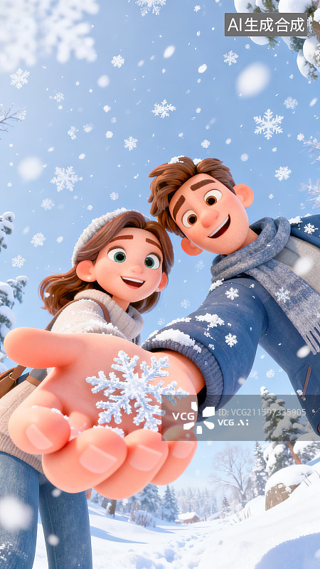 【AI数字艺术】冬天场景年轻情侣夫妻朋友伸手拿着雪花玩耍打雪仗幸福快乐鱼眼镜头超广角大透视构图3D卡通三维创意插画图片素材