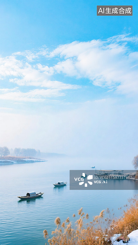 【AI数字艺术】深秋初冬季节节气新国风写实摄影风格背景清新自然风景渡口码头芦苇荡小舟船只蓝天白云河流湖水面雾气仙境图片素材
