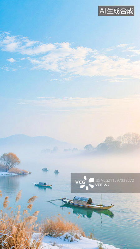 【AI数字艺术】深秋初冬季节节气新国风写实摄影风格背景清新自然风景渡口码头芦苇荡小舟船只蓝天白云河流湖水面雾气仙境图片素材