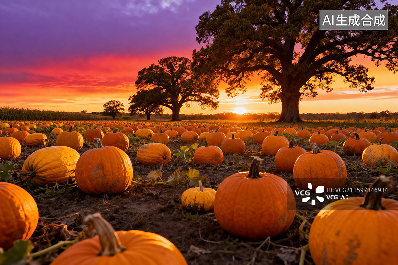 【AI数字艺术】日落时分的南瓜地美景图片素材