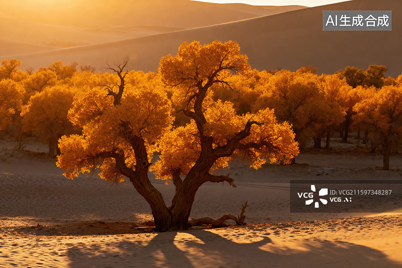 【AI数字艺术】沙漠中金黄的胡杨树图片素材