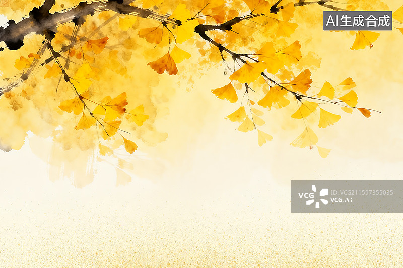 【AI数字艺术】金色秋天的落叶 秋天节气海报背景 霜降 立冬 银杏树 梧桐树 枫叶图片素材