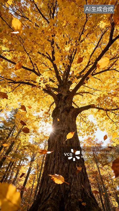 【AI数字艺术】金色秋天的落叶 秋天节气海报背景 霜降 立冬 银杏树 梧桐树 枫叶图片素材