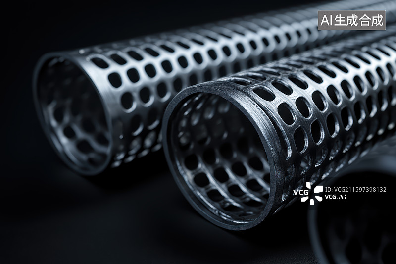 【AI数字艺术】金属穿孔管道工业质感特写图片素材