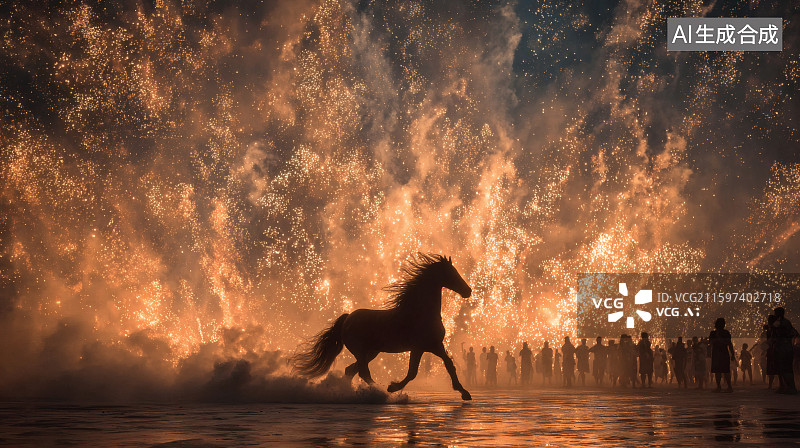 【AI数字艺术】空中打铁花形成的焰火未背景，一匹奔跑的骏马，马年海报图片素材
