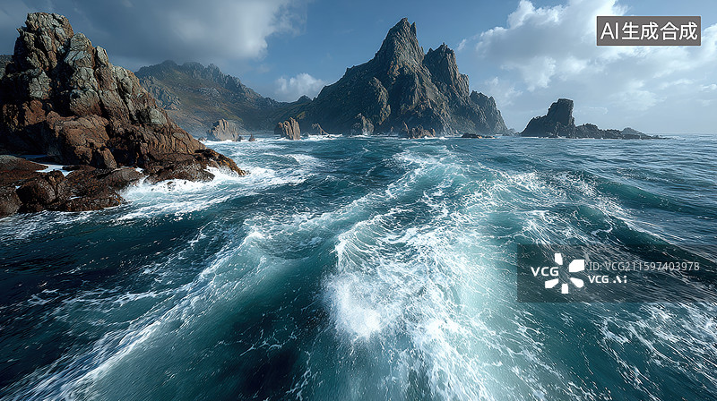 【AI数字艺术】海浪拍打岩石的海岸景观图片素材