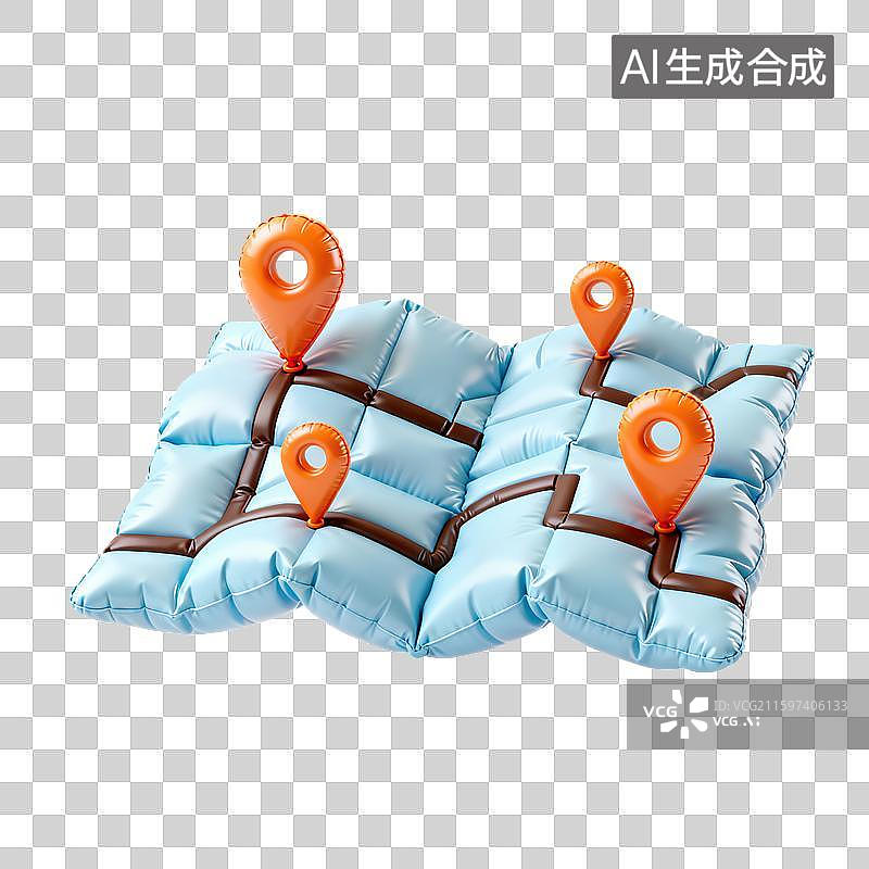 【AI数字艺术】3D三维膨胀气球风格地图GPS引脚定位地标地块地图户外春游野营露营旅游元素图片素材