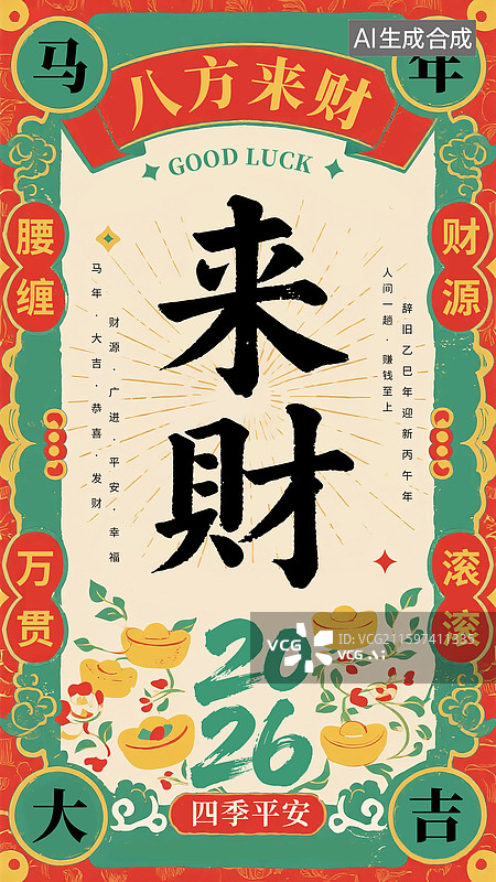 【AI数字艺术】2026年八方来财玄学符咒图案装饰海报模版  中式复古传统边框纹样 手机开屏壁纸 竖版图片素材
