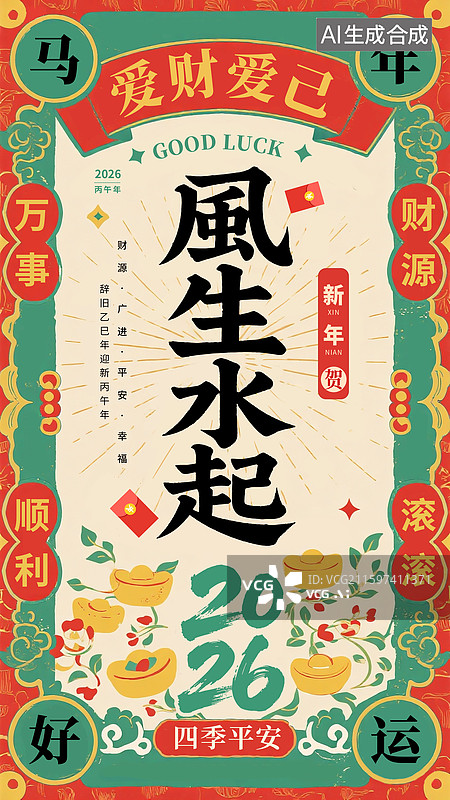 【AI数字艺术】2026年风生水起玄学符咒图案装饰海报模版  中式复古传统边框纹样 手机开屏壁纸 竖版图片素材
