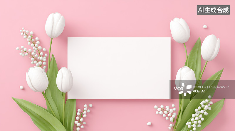 【AI数字艺术】粉色背景上的白郁金香铃兰和卡片图片素材