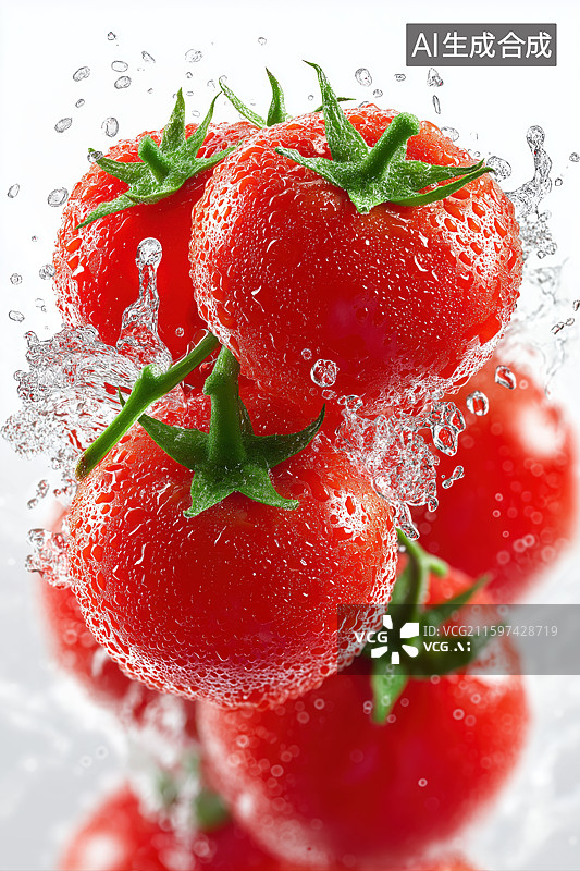 【AI数字艺术】水花飞溅的鲜红番茄图片素材