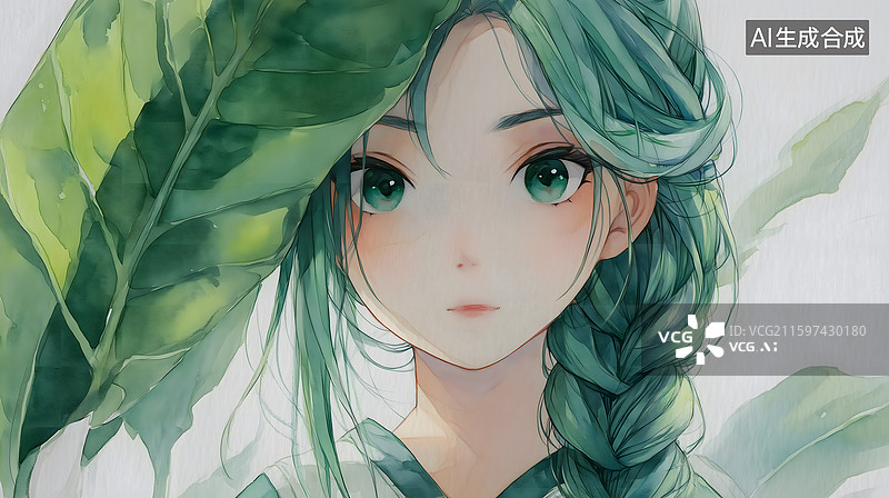 【AI数字艺术】绿叶下的绿发少女图片素材