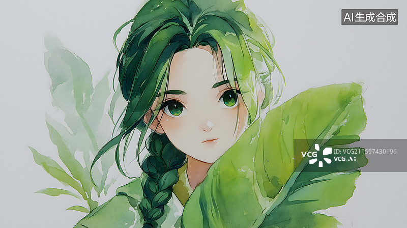 【AI数字艺术】绿叶下的绿发少女图片素材