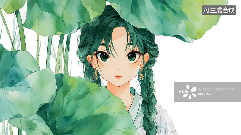 【AI数字艺术】绿叶下的绿发少女图片素材