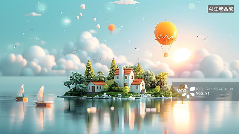 【AI数字艺术】童话岛屿小屋与热气球 湖中小岛温馨家园场景  蓝天白云下缤纷热气球飞越童趣小镇图片素材