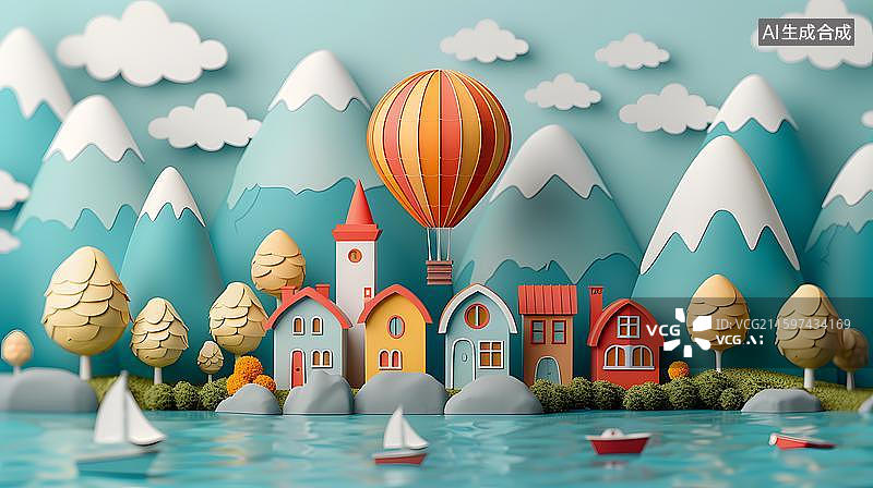 【AI数字艺术】童话岛屿小屋与热气球 湖中小岛温馨家园场景  蓝天白云下缤纷热气球飞越童趣小镇图片素材