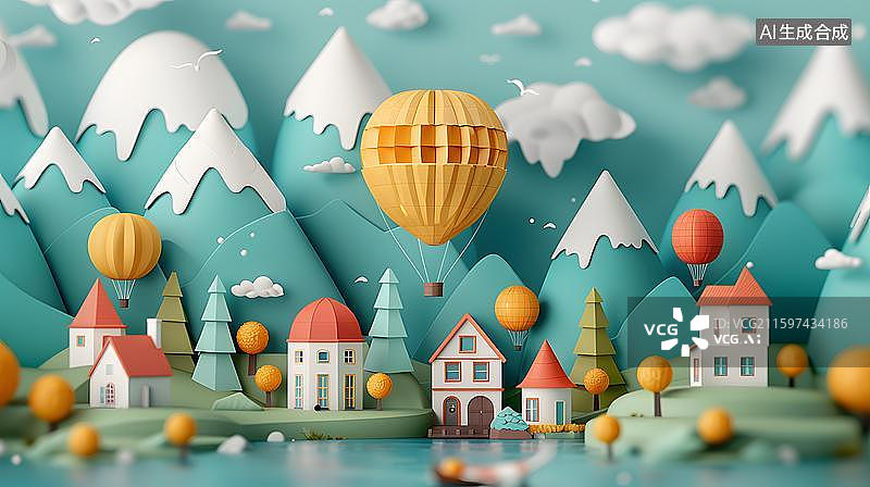【AI数字艺术】童话岛屿小屋与热气球 湖中小岛温馨家园场景  蓝天白云下缤纷热气球飞越童趣小镇图片素材