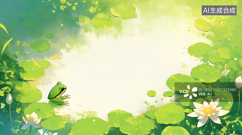【AI数字艺术】荷塘里一只小青蛙坐在荷叶上图片素材