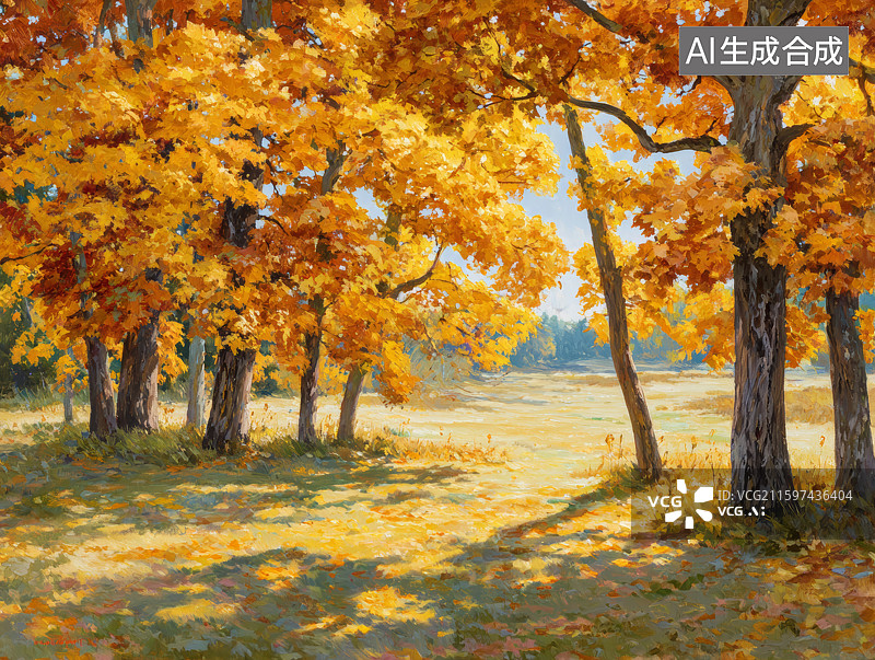 【AI数字艺术】秋日金黄树林的宁静景致图片素材