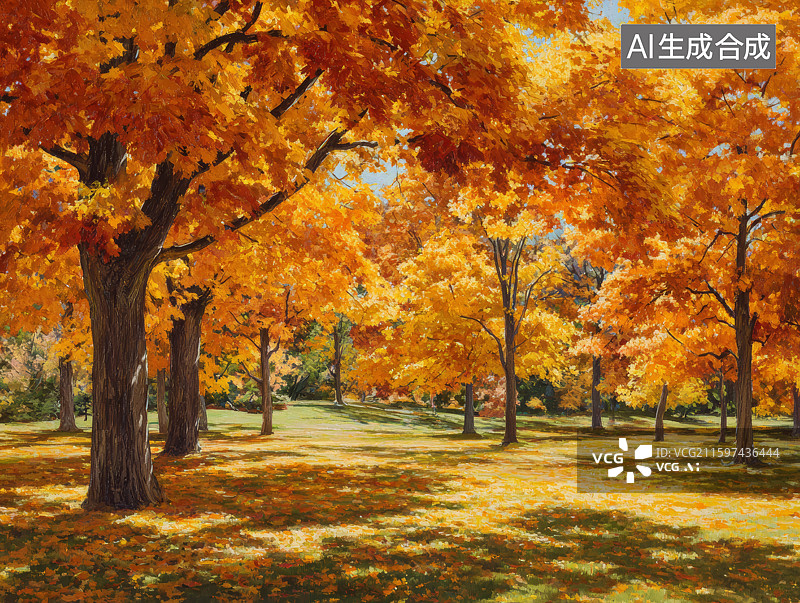 【AI数字艺术】秋日金黄树林的宁静景致图片素材