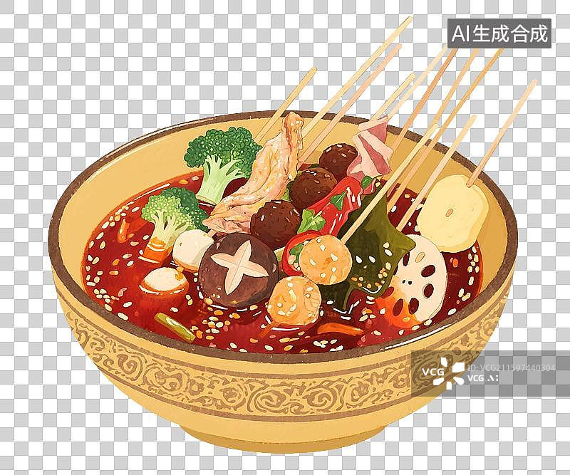 【AI数字艺术】四川美食钵钵鸡水彩插画免抠元素图片素材