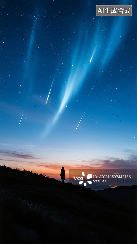【AI数字艺术】动漫插画风格,日式幻想主题,星空场景,蓝色星云,多颗流星,黄昏晚霞,山丘上的人物剪影,梦幻浪漫氛围,图片素材