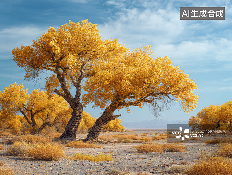 【AI数字艺术】沙漠中金黄的树木图片素材