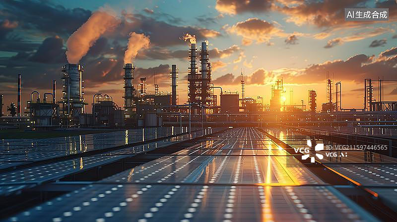 【AI数字艺术】夕阳下的现代工业区 工厂与落日余晖  工业厂区与太阳能板结合的景象   火电厂核电站插画图片素材