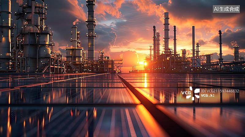 【AI数字艺术】夕阳下的现代工业区 工厂与落日余晖  工业厂区与太阳能板结合的景象   火电厂核电站插画图片素材
