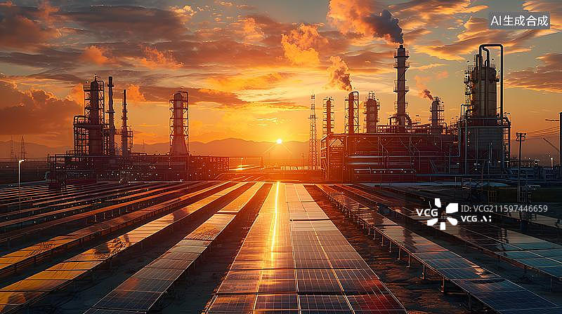 【AI数字艺术】夕阳下的现代工业区 工厂与落日余晖  工业厂区与太阳能板结合的景象   火电厂核电站插画图片素材