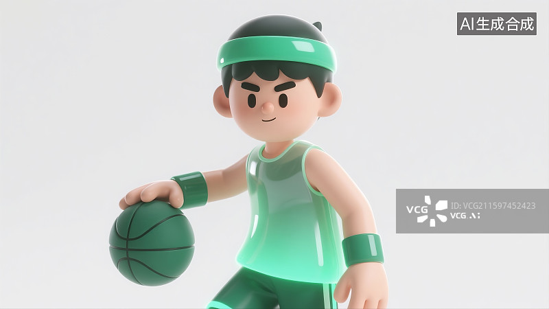 【AI数字艺术】3D卡通风格,Q版篮球男孩,运动背心,短裤,条纹头带,黑色护肘,手持篮球,简洁白色背景,柔和光影,治图片素材
