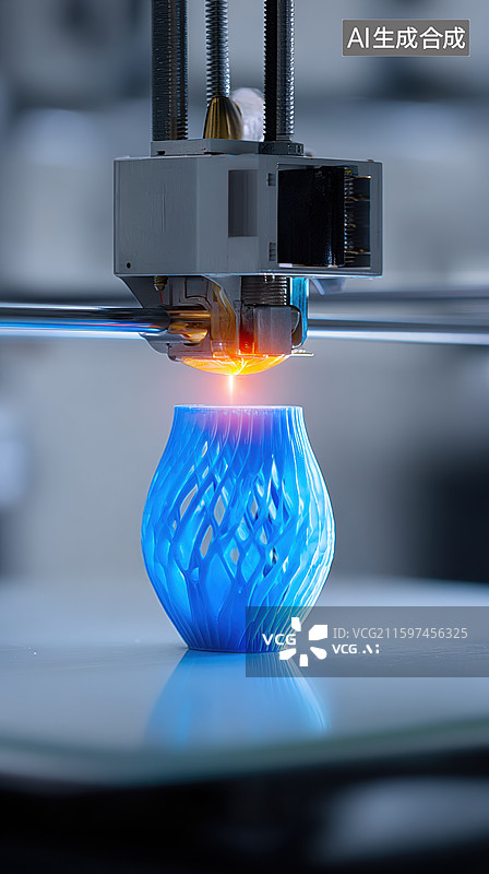 【AI数字艺术】3D打印机正在打印蓝色花瓶图片素材