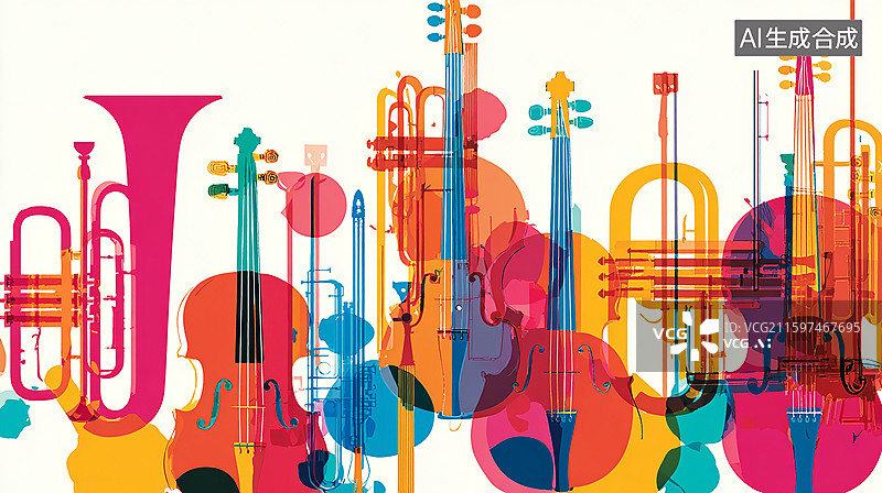 【AI数字艺术】多彩乐器组合插画图片素材