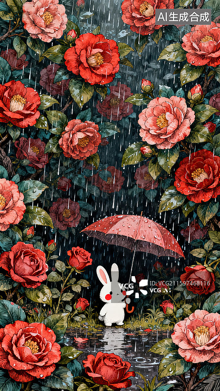 【AI数字艺术】极繁主义花丛下的兔子手绘插画图片素材