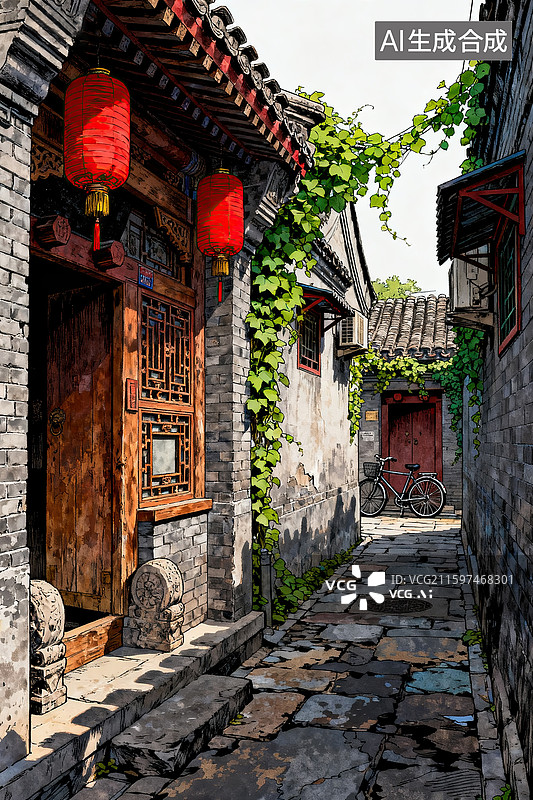 【AI数字艺术】极繁主义胡同风情手绘插画图片素材
