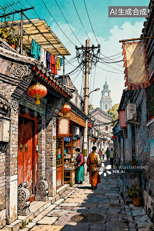 【AI数字艺术】极繁主义胡同风情手绘插画图片素材