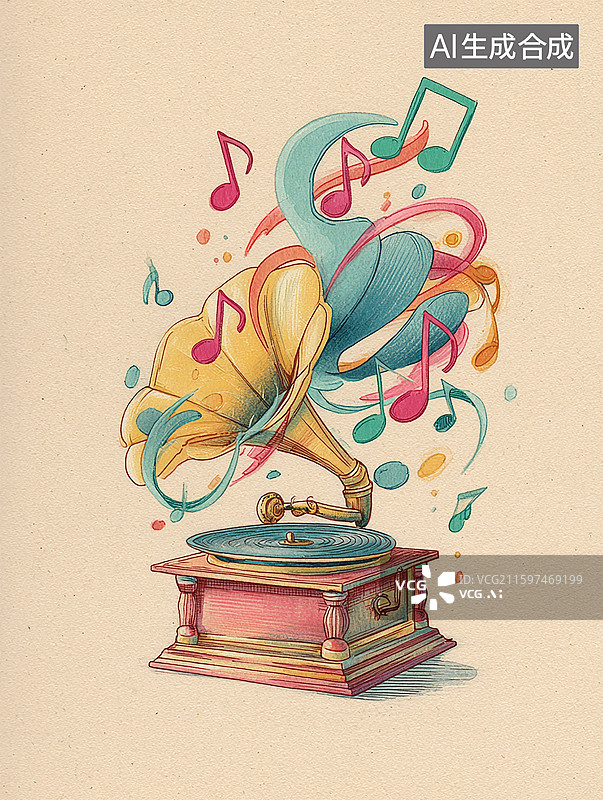 【AI数字艺术】复古留声机与彩色音符图片素材