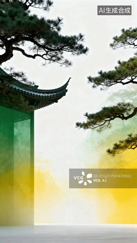 【AI数字艺术】极简主义中式建筑手绘插画图片素材