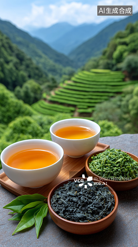 【AI数字艺术】山间茶香自然静谧图片素材