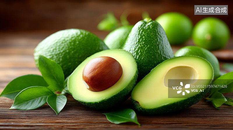 【AI数字艺术】新鲜牛油果与绿叶特写图片素材