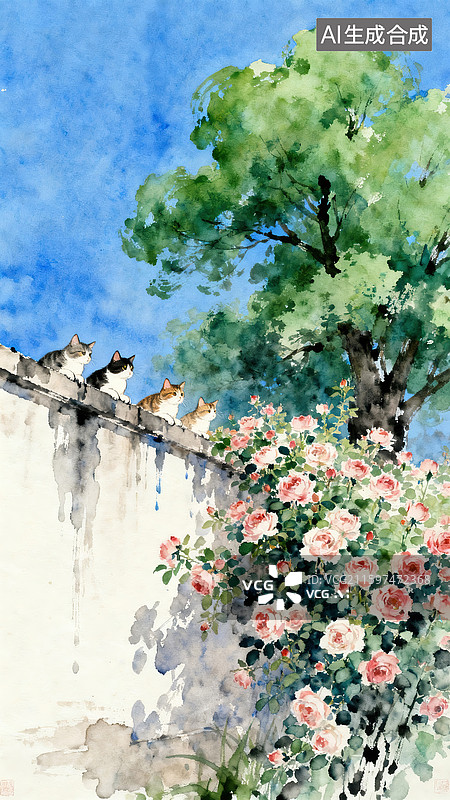 【AI数字艺术】几只可爱的猫咪站在屋檐上手绘插画图片素材