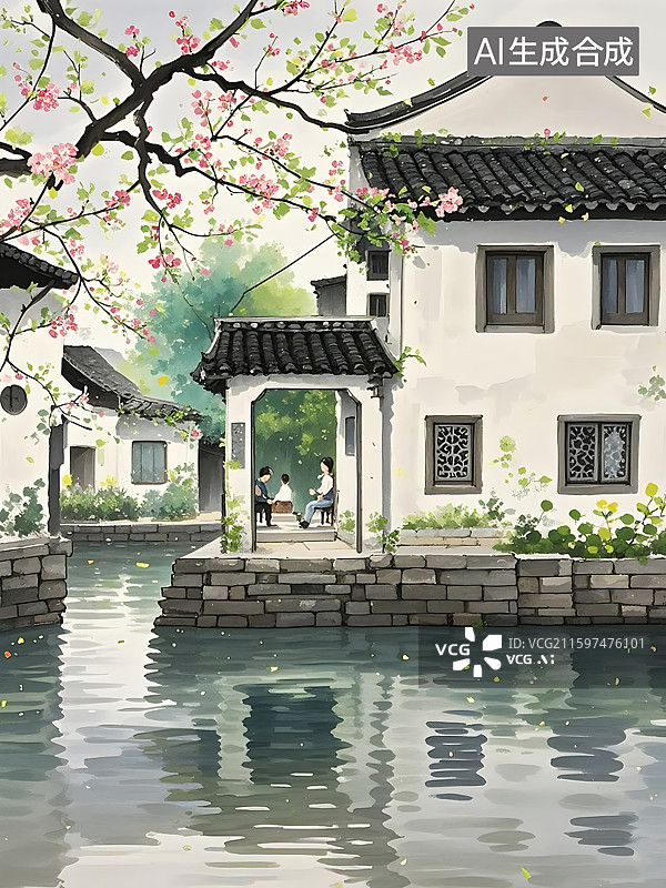 【AI数字艺术】春日江南水乡人家图片素材