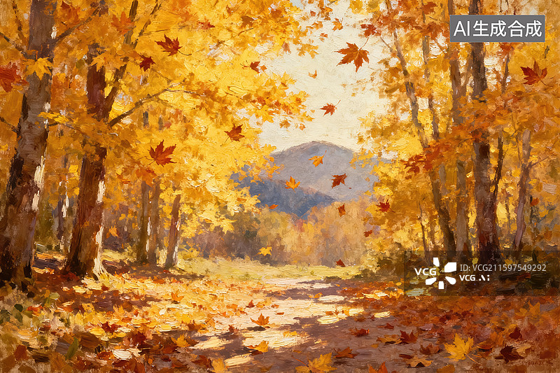 【AI数字艺术】金秋林间金黄小径图片素材
