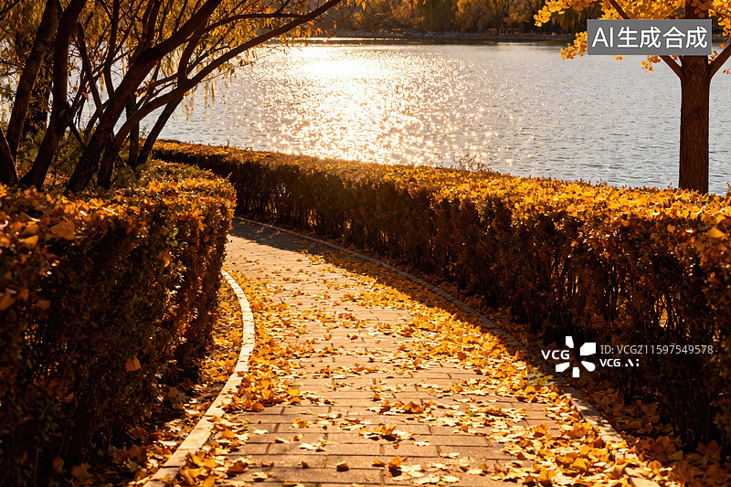 【AI数字艺术】湖边秋日金黄小径图片素材