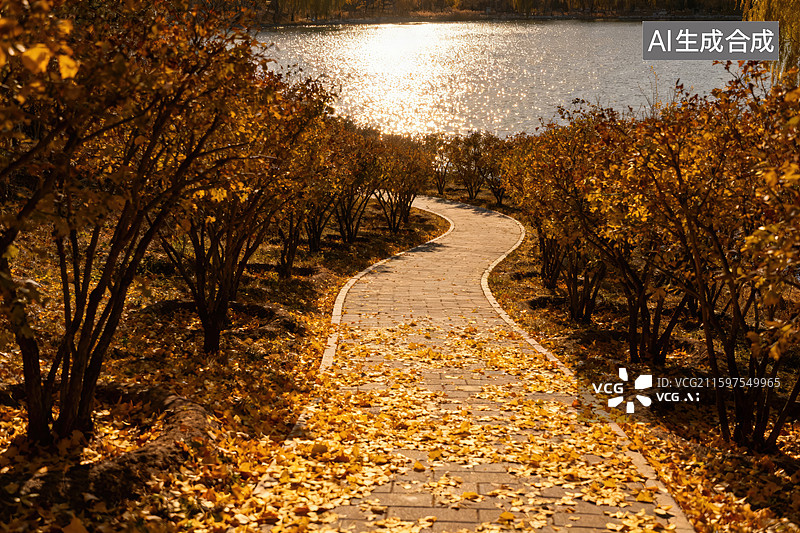 【AI数字艺术】秋日湖畔金黄小径图片素材