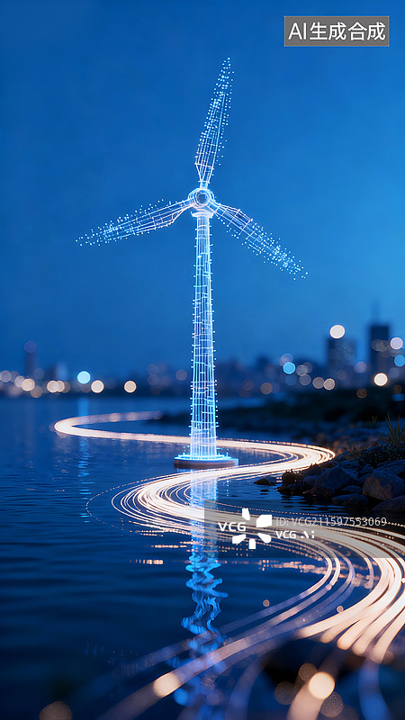【AI数字艺术】发光蓝色科技风车，新能源科技背景——发光抽象粒子与风力发电的风车图片素材