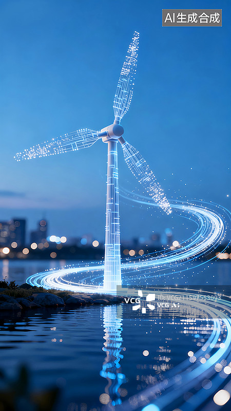 【AI数字艺术】发光蓝色科技风车，新能源科技背景——发光抽象粒子与风力发电的风车图片素材